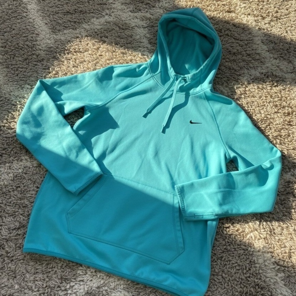 Nike Dri-FIT Women Turquoise Blue Fleece‎ Hoodie Sweatshirt Medium Raglan Sleeve